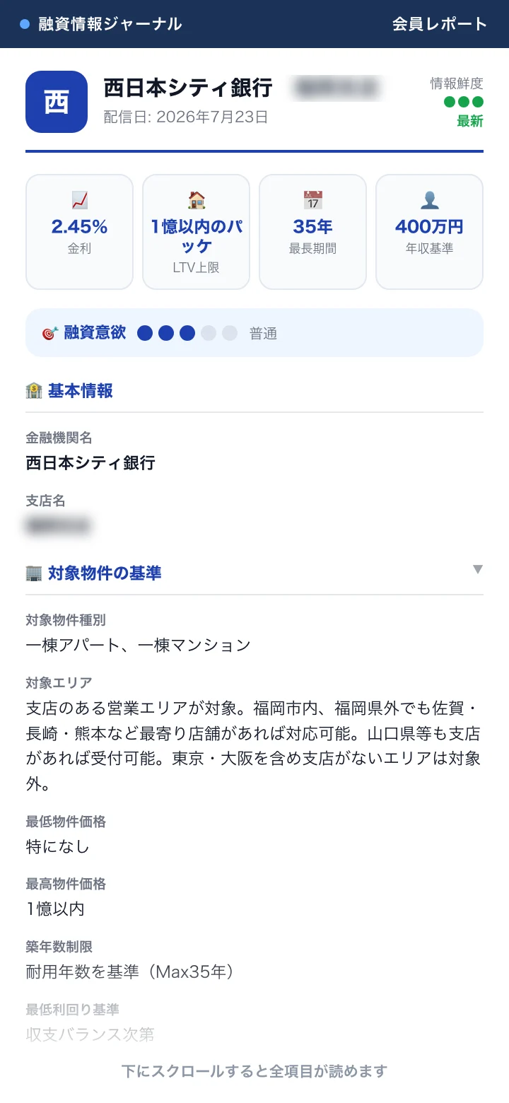 西日本シティ銀行のレポート実物（支店名はモザイクで伏せています）
